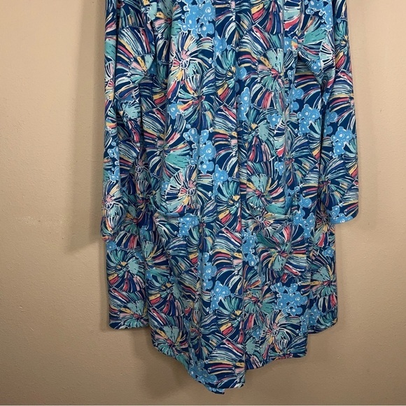 3XL XXXL BLUE ABSTRACT FLORAL SHRUG TOP BLOUSE OPEN FRONT COLORFUL LONG SLEEVE - Picture 4 of 13